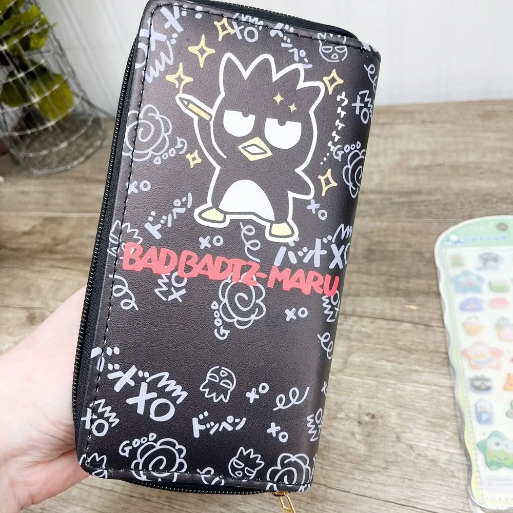Sanrio Badtz-Maru Zip Around Wallet Black Doodle Print with Puffy Stickers Set